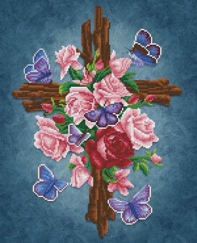 Diamond Painting Volwassenen - Ronde Steentjes - Volledig Pakket - Hobby - Diamond Dotz® - DD9.061 - Bloemen - Kruis met bloemen 42 x 52cm