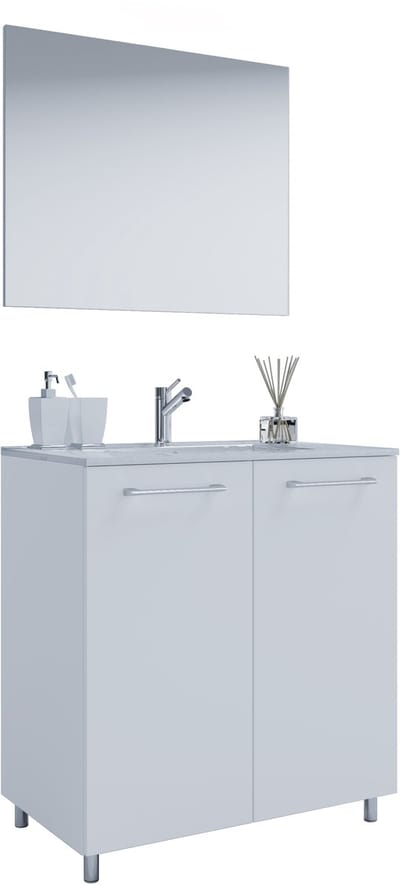 VCM 3-tlg. Set | 1 Waschtisch mit Dretüren, 1 Spiegel, 1 Waschbecken | Keramik Waschbecken | Unterschrank stehend 80 cm | Badmöbel Set - Badinos