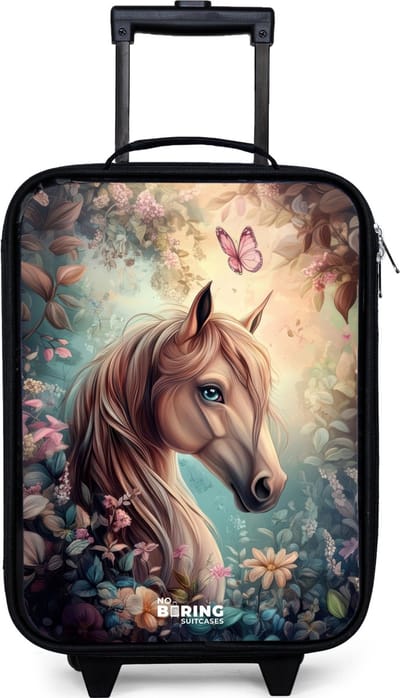NoBoringSuitcases.com® - Kinderkoffer jongen - Kindertrolley meisje - Paard met vlinders in bloementuin - Koffer kind lichtgewicht - Reiskoffer trolley voor kinderen - Koffertje met lichtgevende wieltjes - Rolkoffer zwart