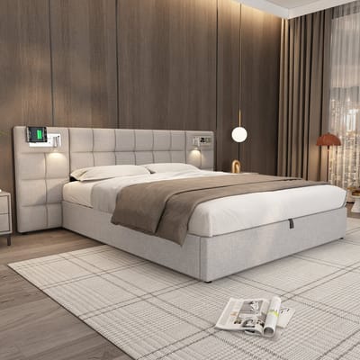 180 x 200 cm gestoffeerd bed - met USB-poort en draadloze oplader en bedlamp - met opbergruimte - zonder matras - linnen grijs