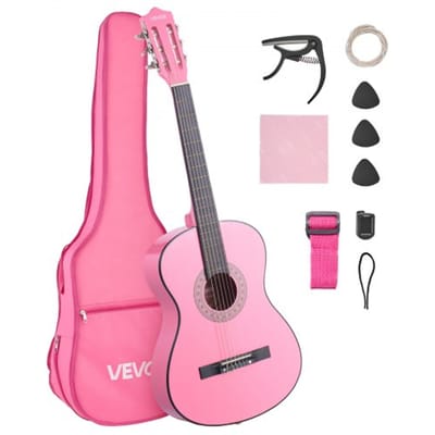 VEVOR Concertgitaar, 960 mm, Houten Klassieke Gitaar Starterset voor Beginners, met Nylon Snaren, Gigbag, Riem, Tuner, Extra Snaren, Plectrums, Capo, Lindehout, voor Beginners, Roze