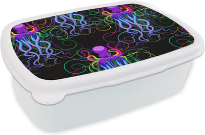Broodtrommel Wit - Lunchbox - Brooddoos - Octopus - Regenboog - Neon - Abstract - Patronen - 18x12x6 cm - Volwassenen