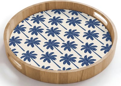 Dienblad rond 40x40 cm - Schootdienblad hout - Symmetrisch - Palm - Blauw - Borrelplank rechthoek - Plateau houten dienbladen