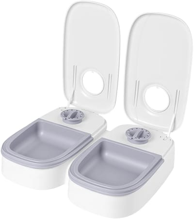 Stervia Automatische Voerdispenser - Set van 2 - 350 ML p/s - Droog En Nat Voedsel - Katten En Kleine Honden - Grijs/Wit - 28,5 x 24,5 x 7,5 cm