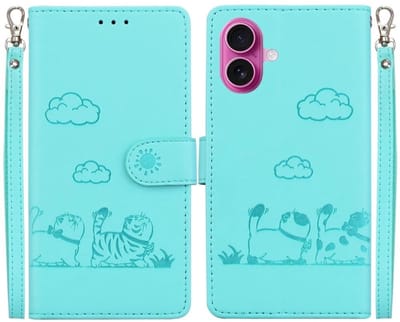 BookCover Hoes Etui geschikt voor iPhone 17 - Turquoise - Cartoon Cats - Kat - Reliëf