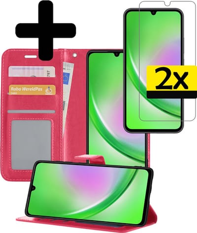 Hoesje - Met 2x Screenprotector - Geschikt voor Samsung Galaxy A34 - Luxe Pasjeshouder - Bookcase Portemonee - Flip Case - Kunstleer Book Case - Flipcase Hoes - Book Cover - Walletcase - Portemonneehoes - Telefoonhoesjes - Donkerroze