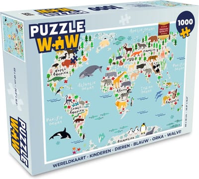 Puzzel Wereldkaart - Kinderen - Dieren - Blauw - Orka - Walvis - Legpuzzel - Puzzel 1000 stukjes volwassenen