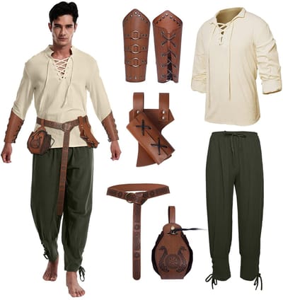 Dailygoods- Middeleeuwse Kleding Heren Set - Viking Kostuum - Piraten Kostuum - Katoenen Overhemd - Gothic Broek - Retro Gouden Muntentas