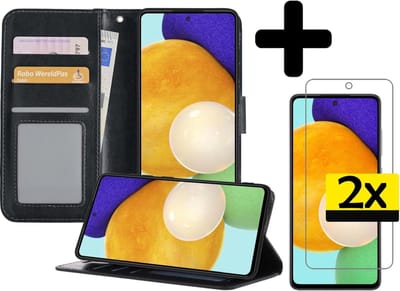 Hoesje - Met 2x Screenprotector - Geschikt voor Samsung Galaxy A52 5G - Luxe Pasjeshouder - Bookcase Portemonee - Flip Case - Kunstleer Book Case - Flipcase Hoes - Book Cover - Walletcase - Portemonneehoes - Telefoonhoesjes - Zwart