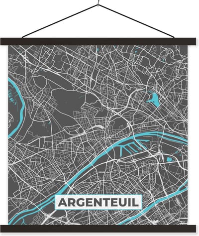 Posterhanger incl. Poster 60x60 cm - Schoolplaat - Argenteuil - Frankrijk - Kaart - Stadskaart - Plattegrond - Textielposter - Zwarte latten - Stadskaart