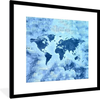 Poster in lijst - Fotolijst 40x40 cm - Posters - Wereldkaart - Abstract - Blauw - Posterlijst zwart - Decoratie - Wanddecoratie woonkamer - Muurdecoratie slaapkamer