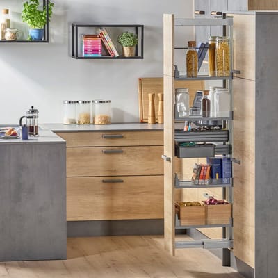 SOTECH Dispensa-X apothekerslade ZILVERGRIJS 1600-2000 mm SoftstopPlus, Clickfixx en 5 ARENA inhangplanken met glazen reling voor 300 mm brede kasten, draagvermogen 100 kg, Kesseböhmer
