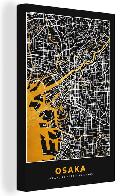 Canvas Schilderij Osaka - Kaart - Stadskaart - Plattegrond - Goud - 20x30 cm - Wanddecoratie