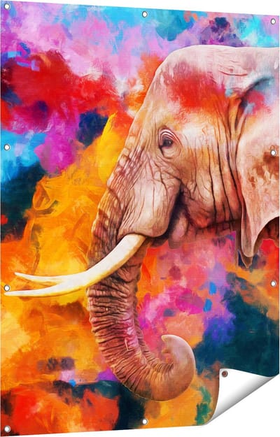 Gards Tuinposter Kleurrijke Olifant - Abstract - 90x120 cm - Tuindoek - Tuindecoratie - Wanddecoratie buiten - Tuinschilderij