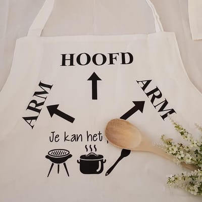 Keukenschort met grappige tekst bedrukt cadeau Hoofd Arm pijlen je kunt / kan het papa / mama / oma / opa / tante / oom / juf  | katoenen Barbecueschort Keuken BBQ Schort Kookschort Kokschort  |  BBQ Schort Kookschort Kokschort | Moederdag Vaderdag