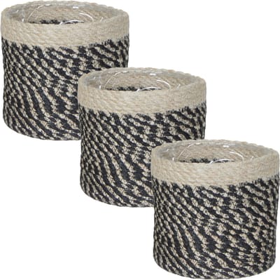 3x stuks naturel zwart rotan planten/bloemen pot mand van gedraaid jute/riet/zeegras H12 en D12 cm - Met plastic binnenkant