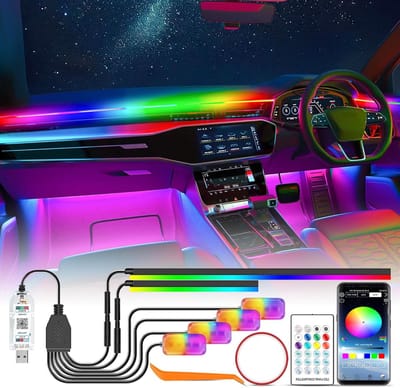 RGB LED Interieurverlichting Strip met Afstandsbediening en APP, Kleurveranderende Sfeerverlichting voor Voetruimte en Muziekdecoratie