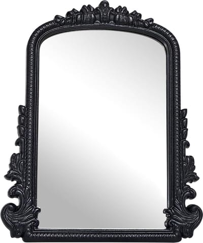 Vintage Zwarte Gebogen Make-up Spiegel met Antiek Gesneden Frame voor Slaapkamer en Commode