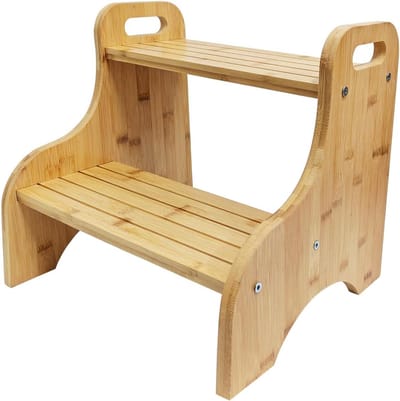 Opstapkruk Kinderen - Bamboe Trapkruk - Onafhankelijk Leren - 2 Treden Anti-slip - 80 kg Capaciteit - Houtkleur