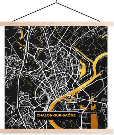 Posterhanger incl. Poster 40x40 cm - Schoolplaat - Frankrijk – Plattegrond – Kaart – Chalon-sur-Saône– Stadskaart - Textielposter - Blanke latten - Stadskaart