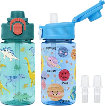 SnelShoppen - Drinkfles Kinderen 380 ml met Rietje, Lekvrij, Bijt- en Zuiguitloop, BPA-vrij, Veiligheidsluiting, 2 Stuks, Ideaal voor Sport, Wandelen,