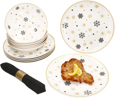 12-delig servies Stars zwart-goud steengoed voor 6 personen - 23108231 & 23108248