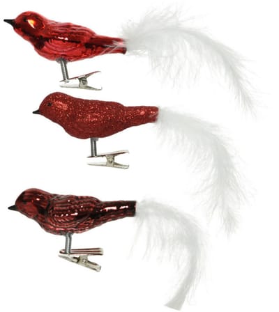 Decoris Kerst vogels - 3x st - op clip - rood - 8 cm - glas - kerstornamenten - kersthangers - kerstvogeltjes - vogeltjes