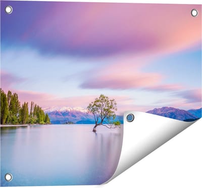 Gards Tuinposter Wanaka Boom in het Water bij Zonsopgang - 50x40 cm - Tuindoek - Tuindecoratie - Wanddecoratie buiten - Tuinschilderij