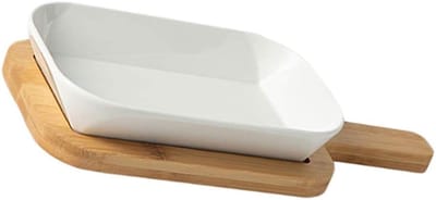 Keramische Bakvorm - Ovenschaal Met Hout - Cakes Bakken - Met Houten Onderstel - Set Van 3 - Wit
