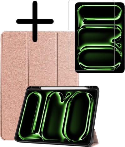 Hoesje Geschikt voor Apple iPad Pro (2024/2025) - 11 inch - Met Screenprotector - Trifold Bookcase - Hard Cover Case - Met Uitsparing Geschikt voor Apple Pencil - Hardcover Book - Tablet Hoes - Rosé goud