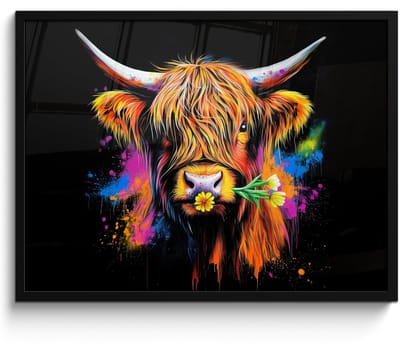 Poster in lijst - Fotolijst 70x50 cm - Posters - Schotse Hooglander - Graffiti - Kleurrijk - Bloem - Dieren - Posterlijst zwart - Decoratie - Wanddecoratie woonkamer - Muurdecoratie slaapkamer