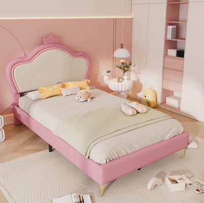 MEUNIQ kinderbed 90x200 cm met kroonvormig hoofdbord, zachte beschermranden, lattenbodem en metalen steunpoten, eenpersoons bedframe in wit en roze