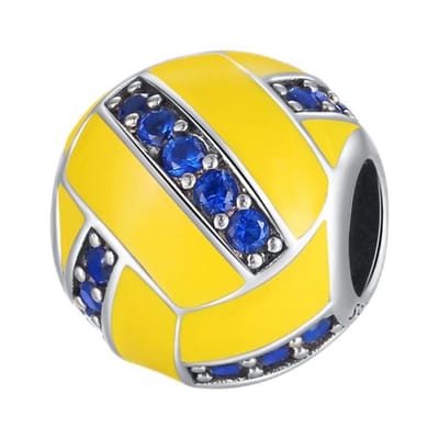 Fler® | Bedel | Past op populaire bedelarmbanden (standaard - 3mm) | Volleybal Bedel | Hangbedel Charm | 925 sterling zilver | Blauwe & Transparante zirkonia | Gele emaille | Valentijnsdag Cadeau | Sinterklaas kado | Kerstcadeau | Verjaardagsgeschenk