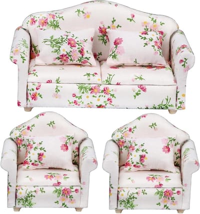 3 Stks/set 1 12 Schaal Poppenhuis Meubels, Bloemen Patroon Dubbele & Enkele Poppenhuis Bank Met Kussen Fauteuil Sofa Woonkamer Meubels Houten Accessoires| Miniatuur