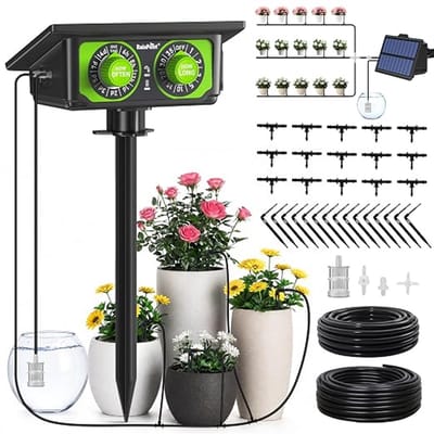 Solar Bewateringssysteem voor Tuin - Automatische Druppelirrigatie Kit - 15m Slang - 90 Timer Modi - Anti-Siphon - 30L/H Waterdebiet