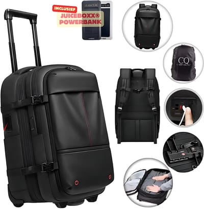 CarryQuest® - Zen Efficient PRO Vacuüm Rugzak Trolley 54-65L - Incl. JuiceBoxx® Solar Powerbank - Rugzaktrolley met Wielen - Vacuum Backpack Compressiesysteem - Laptopvak 17.3 inch - USB-C - TSA-slot - Zwart