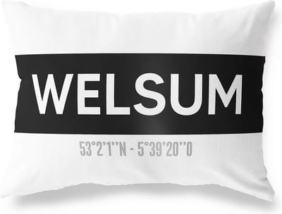 Tuinkussen WELSUM - OVERIJSSEL met coördinaten - Buitenkussen - Bootkussen - Weerbestendig - Jouw Plaats - Studio216 - Modern - Zwart-Wit - 50x30cm