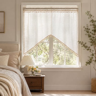 Qelus Boog Cafégordijn - Linnenmix Vitrage - 150x99cm - W-vormig Valletje - 30% linnen - kwastjes - lichtfilterend - voor keuken - badkamer - Beige - 1 Stuk