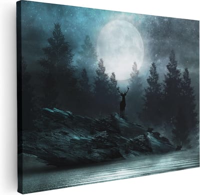 Artaza Canvas Schilderij Hert Met Gewei - 40x30 cm - Klein - Wanddecoratie Bos - Muurdecoratie Maan - Kamer Accessoires Woonkamer