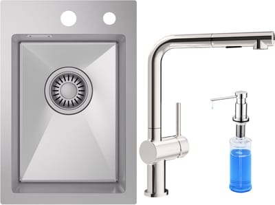 CECIPA max Spoelbak 30x45 cm - Spoelbak Keuken RVS - Spoelbakken Keuken Met L-uitloop Keukenkraan en Zeepdispenser 300ML - Wasbak Keuken - incl. Afvoerzeefje en Sifon