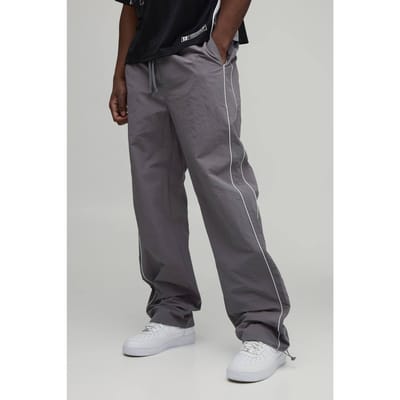 Tall Relaxed Fit Nylon Piping Detail Trousers | Grey | Size Medium
