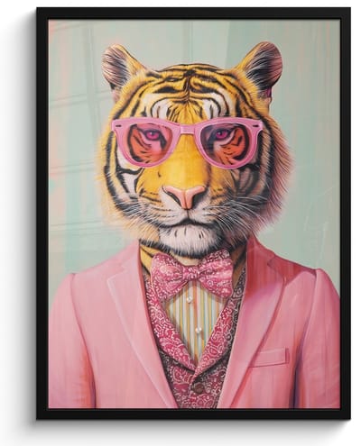 Poster in lijst - Fotolijst 50x70 cm - Posters - Tijger - Strik - Jasje - Roze - Posterlijst zwart - Decoratie - Wanddecoratie woonkamer - Muurdecoratie slaapkamer