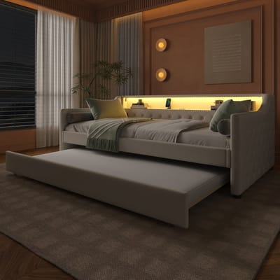REDOM Bedframe 90x200 cm – Daybed met LED-verlichting, USB & uitschuifbaar bed – Linnen/MDF – Beige