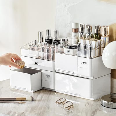 Transparant Make-upstation met 4 Lades en Roterend Display voor Cosmetica en Skincare