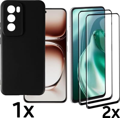 Casemania Hoesje Geschikt voor Oppo Reno 12 Pro - Zwart & 2X Glazen Screenprotector - Siliconen Back Cover