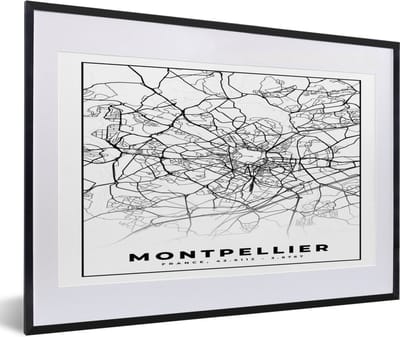 Fotolijst incl. Poster Zwart Wit- Stadskaart - Montpellier - Plattegrond - Kaart - Frankrijk - Zwart wit - 60x40 cm - Posterlijst