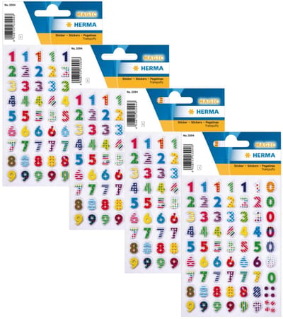 Herma Stickervel nummers 3D - cijfers / getallen - 0 t/m 9 - 4x vellen - gekleurd - 8 mm