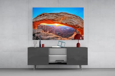 Glasschilderij Rotsboog bij Zonsondergang – Canyon Landschap – Gehard Glas 4 mm - 90x60 cm