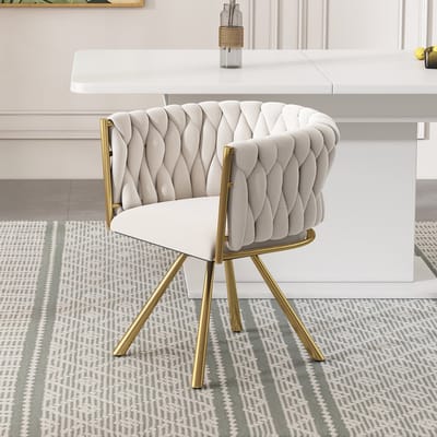 Eetkamerstoel - 1 Stuk - Luxe Draaistoel Met Vier Metalen Poten - Comfortabel Voor Woonkamer En Slaapkamer - Fluweel - Beige en Goud
