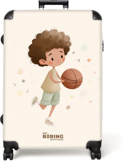 NoBoringSuitcases.com® - Koffer groot - Reiskoffer lichtgewicht - Jongen met een basketbal in beige kleuren - Rolkoffer met 4 wielen - Grote trolley XL - 98 liter bagage